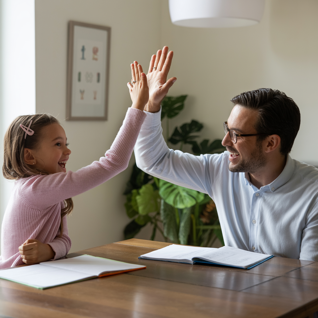 Child and dad high fiving 